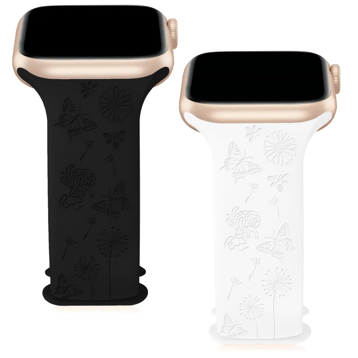 2 Pack Butterfly & Bee Engraved Apple Watch Straps - RueZone Smartwatch 38MM/40MM/41MM White & Black