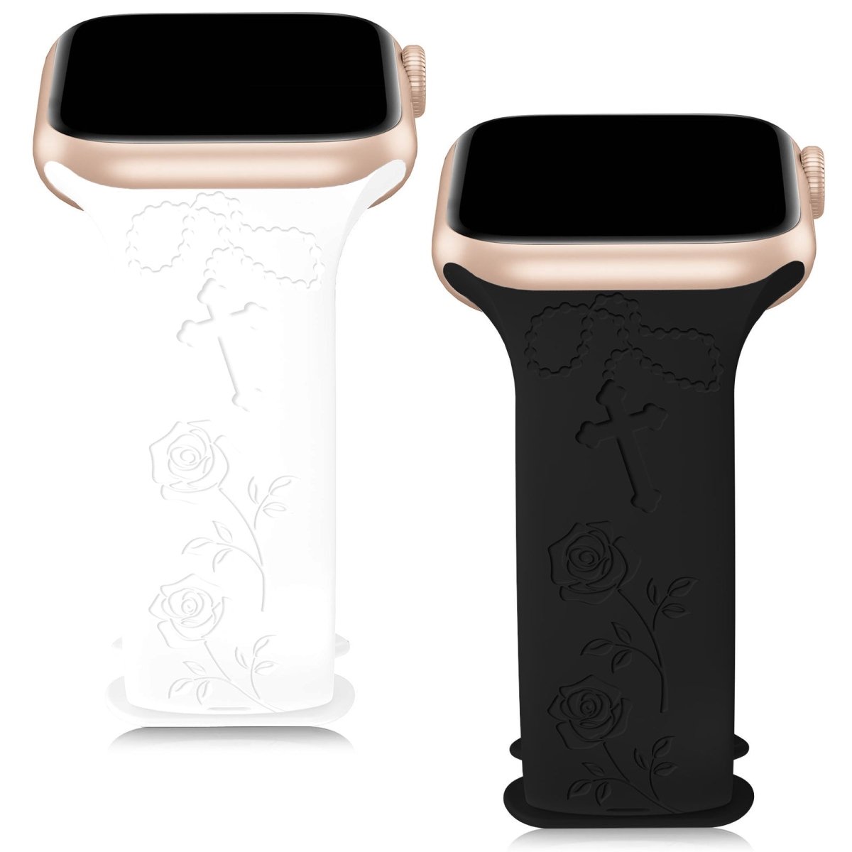 2 Pack Cross & Rose Engraved Apple Watch Straps - RueZone Smartwatch 38MM/40MM/41MM White & Black