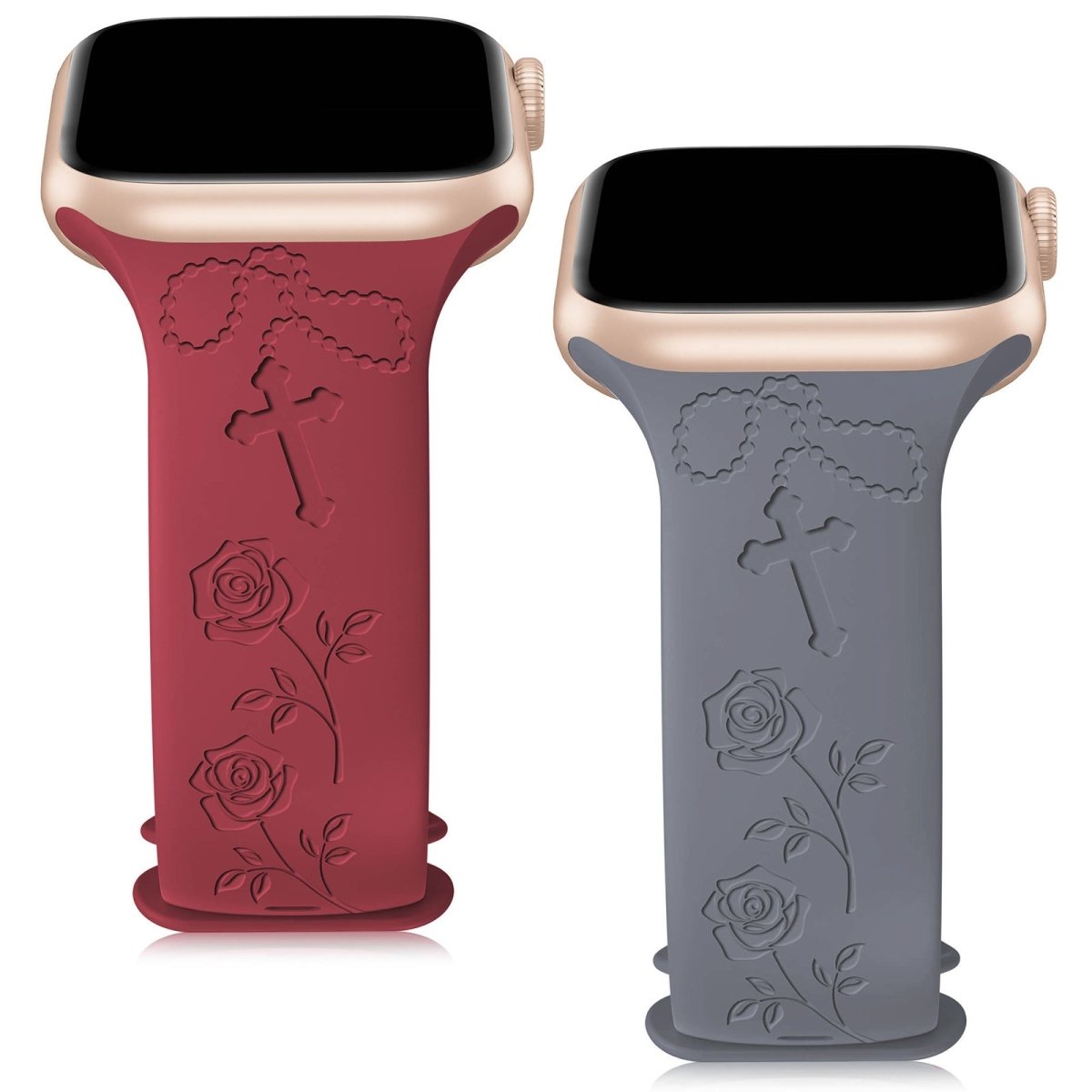 2 Pack Cross & Rose Engraved Apple Watch Straps - RueZone Smartwatch 38MM/40MM/41MM Wine Red & Lavendar