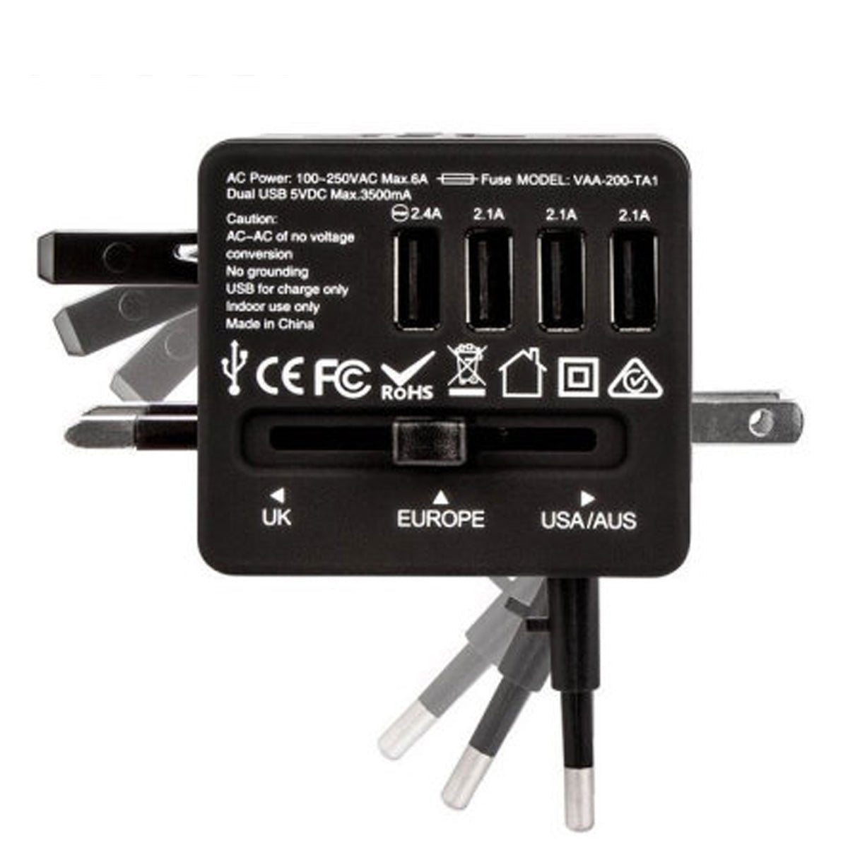 Veho TA-1 Universal 4-Port USB World Travel Mains Charger 3.5A - Black - RueZone Charger Default