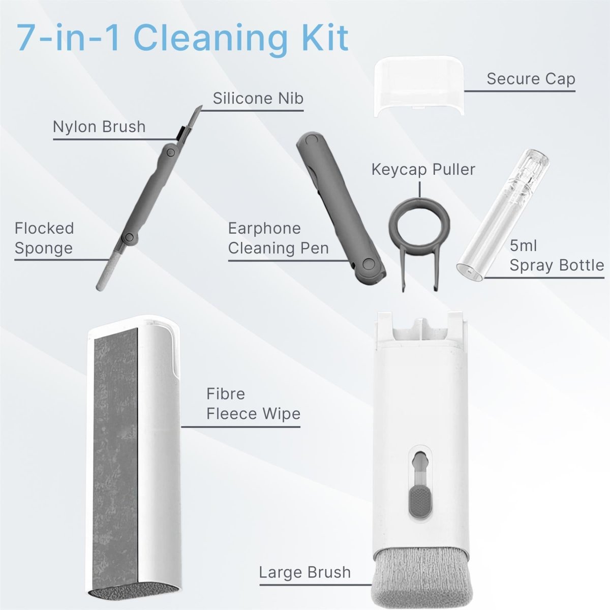 7 - in - 1 Cleaning Kit for Electronics – Screen and Keyboard Cleaner with Brushes, Suitable for Laptops, Phones, Keyboards, Earphones - RueZone