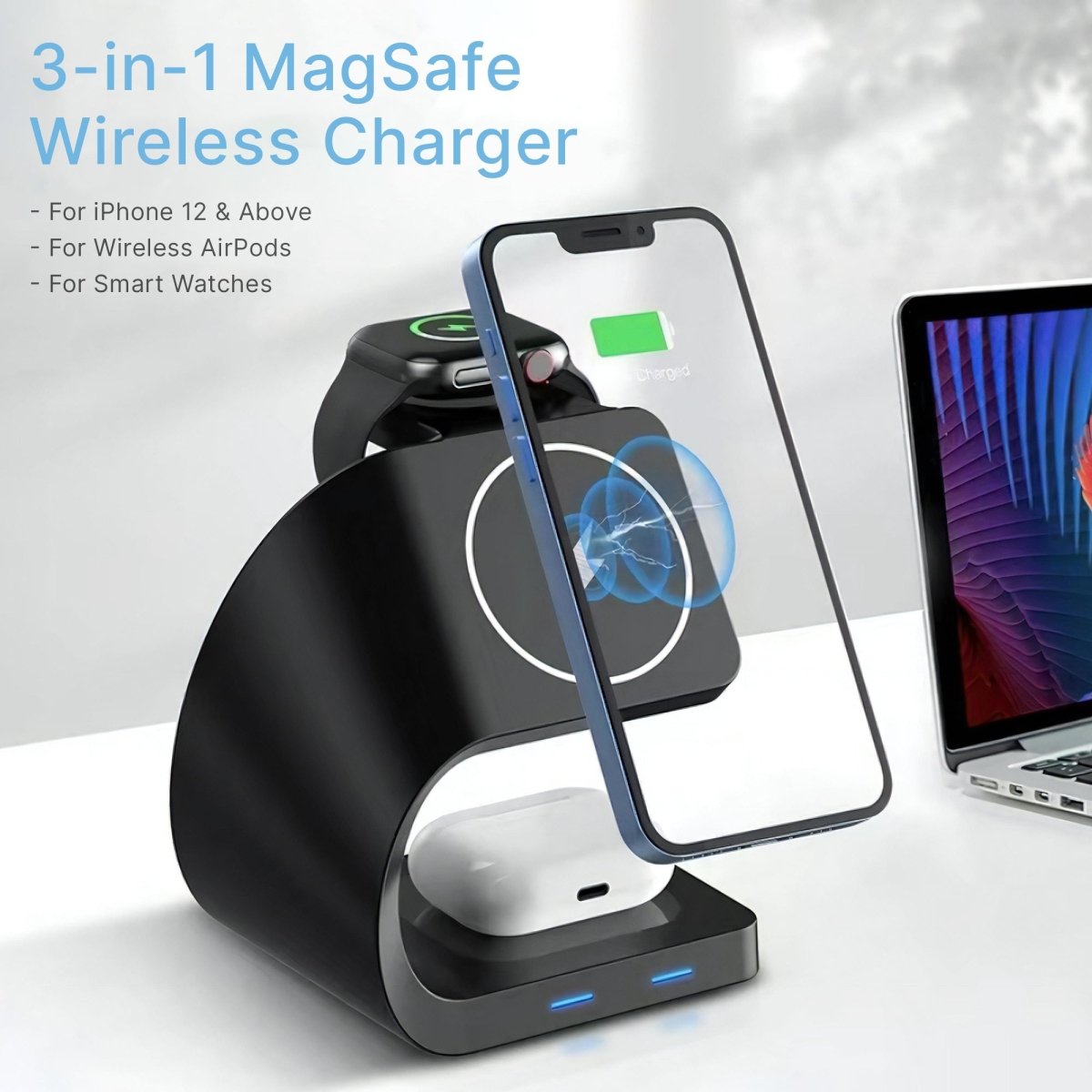 Galahad MagSafe 3 in 1 Wireless Charger for Phone, Apple Watch, & Airpods - RueZone Charger