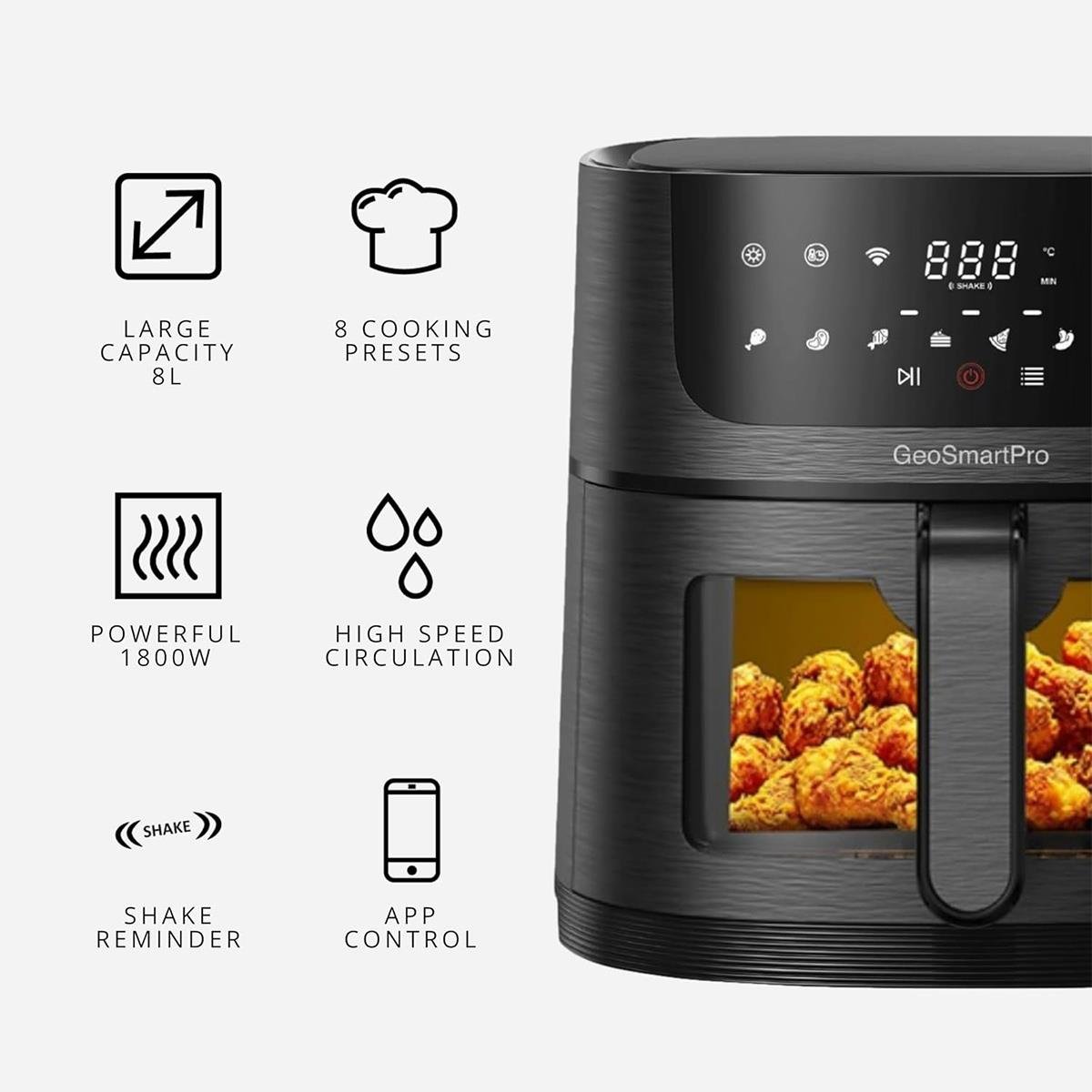 GeoSmartPro Smart Air fryer - Large Capacity 8L, 1800W, Clear View Basket, LED Touch Panel, 8 Pre - Set Functions, Adjustable Tray, App and Voice - Control, Non - Stick Interior, PTFE & PFOA Free - RueZone