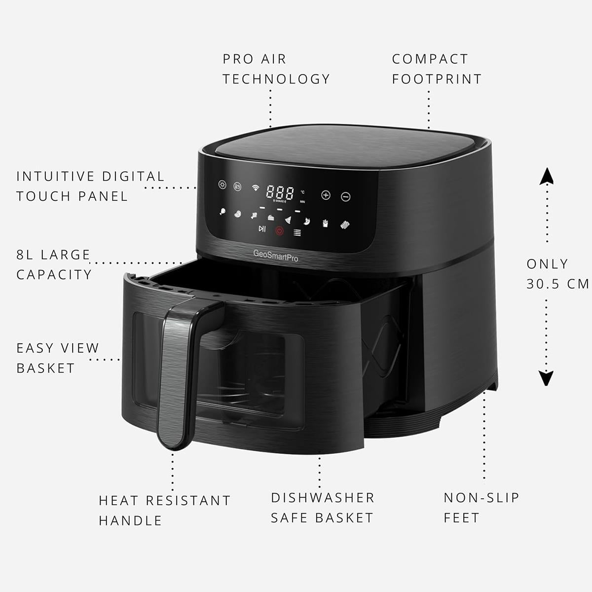 GeoSmartPro Smart Air fryer - Large Capacity 8L, 1800W, Clear View Basket, LED Touch Panel, 8 Pre - Set Functions, Adjustable Tray, App and Voice - Control, Non - Stick Interior, PTFE & PFOA Free - RueZone