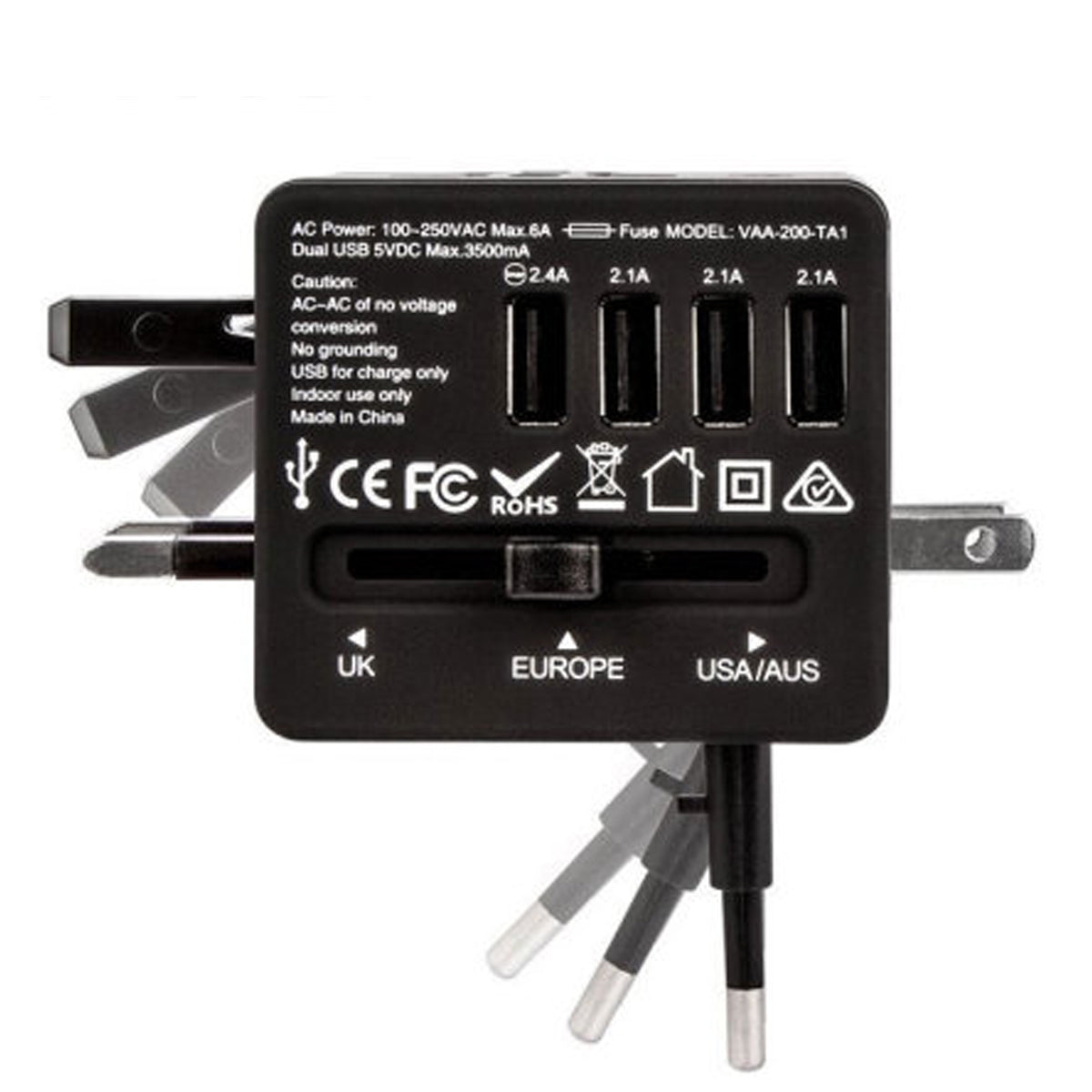 Veho TA-1 Universal 4-Port USB World Travel Mains Charger 3.5A - Black Veho