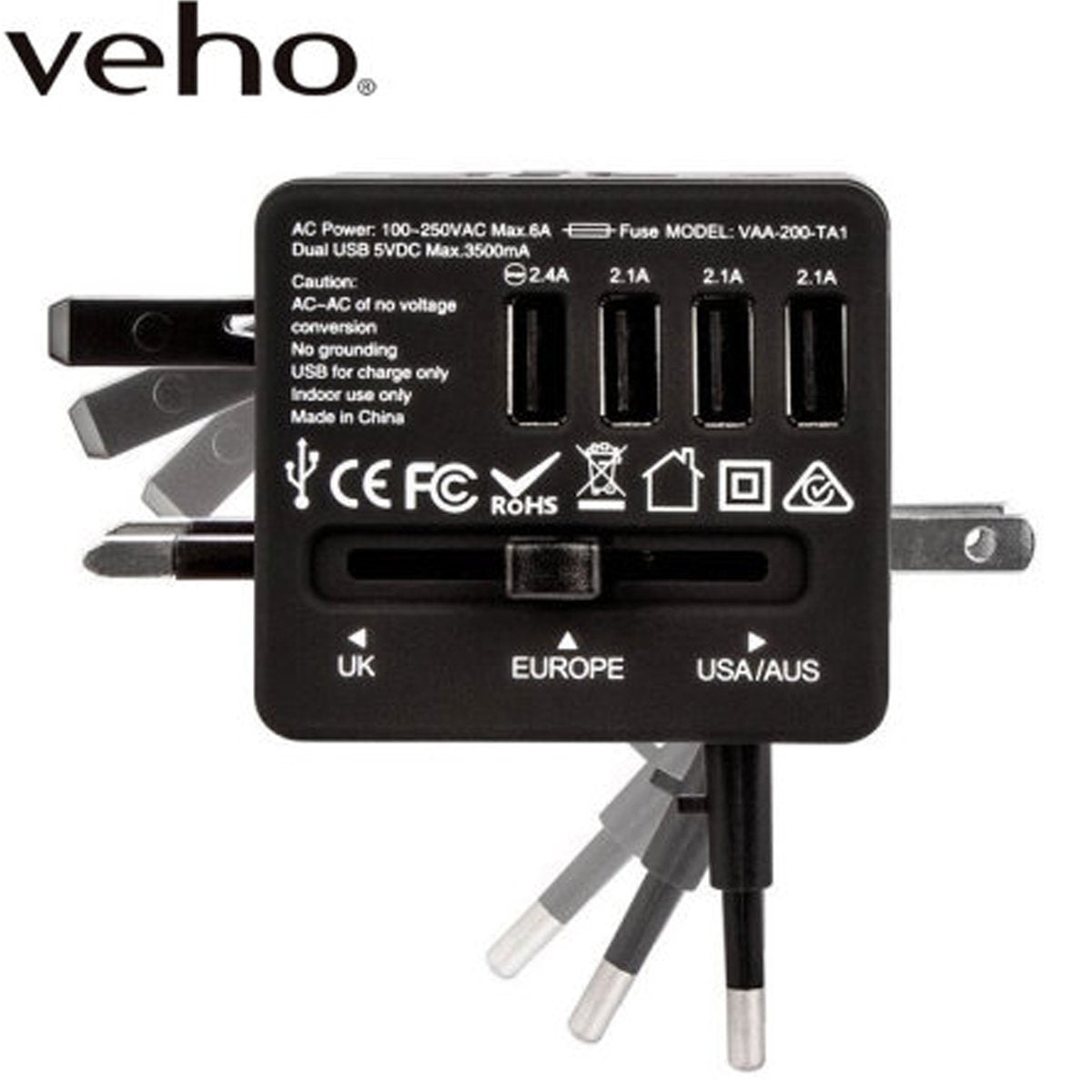 Veho TA-1 Universal 4-Port USB World Travel Mains Charger 3.5A - Black - RueZone Charger Default